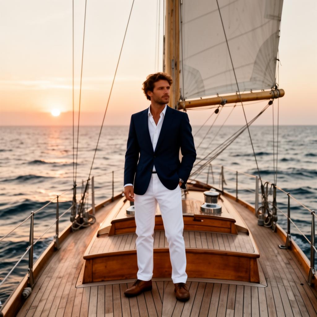 Man in navy blazer on a sailboat at sunset