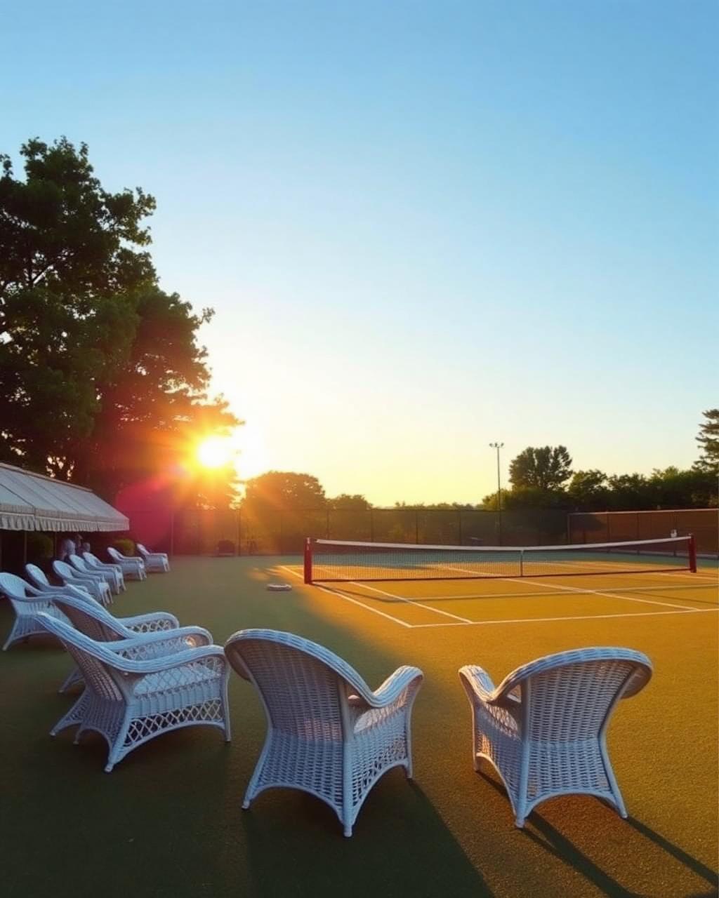 Country club tennis court at sunset